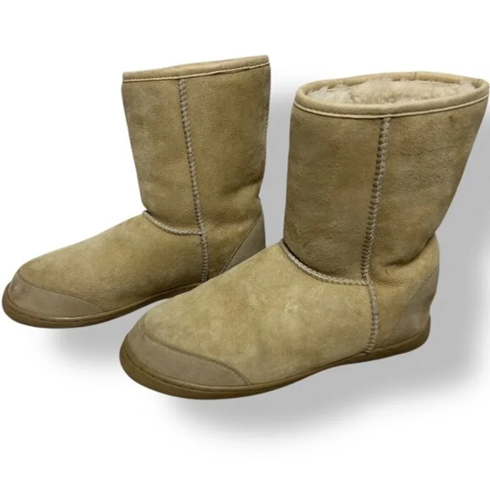 Qwaruba Genuine Sheepskin Mid Calf Boots Suede Outer Tan Brown (Ugg -like) Sz 8